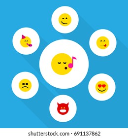 Flat Icon Expression Set Of Descant, Pouting, Cross-Eyed Face And Other Vector Objects. Also Includes Fun, Emoji, Angry Elements.