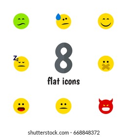 Flat Icon Expression Set Of Displeased, Smile, Pouting And Other Vector Objects. Also Includes Confused, Hush, Angry Elements.