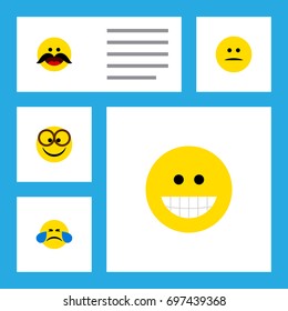 Flat Icon Expression Set Of Displeased, Grin, Cold Sweat And Other Vector Objects. Also Includes Smile, Eyeglasses, Pleasant Elements.