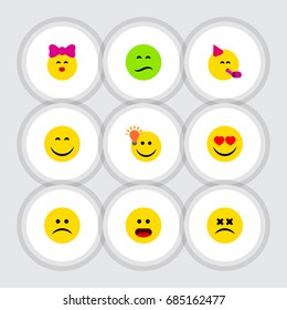 Flat Icon Expression Set Of Frown, Smile, Party Time Emoticon And Other Vector Objects. Also Includes Face, Emoji, Eyes Elements.