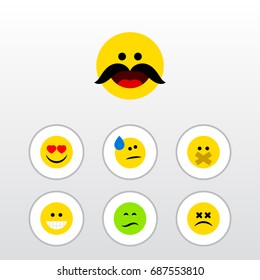 Flat Icon Expression Set Of Frown, Love, Hush And Other Vector Objects. Also Includes Dizzy, Sad, Grin Elements.
