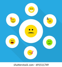 Flat Icon Expression Set Of Frown, Grin, Asleep And Other Vector Objects. Also Includes Idea, Face, Frown Elements.