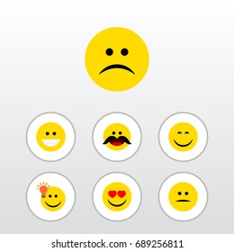 Flat Icon Expression Set Of Grin, Love, Cheerful And Other Vector Objects. Also Includes Joy, Eyes, Displeased Elements.