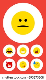 Flat Icon Expression Set Of Grin, Wonder, Delicious Food And Other Vector Objects. Also Includes Angry, Face, Emoji Elements.