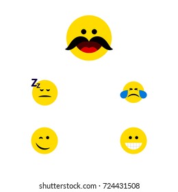 Flat Icon Expression Set Of Grin, Cheerful, Cold Sweat And Other Vector Objects. Also Includes Cheerful, Asleep, Laugh Elements.