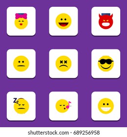 Flat Icon Expression Set Of Happy, Cross-Eyed Face, Grin And Other Vector Objects. Also Includes Sunglasses, Pouting, Sleeping Elements.