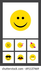 Flat Icon Expression Set Of Happy, Sad, Grin And Other Vector Objects. Also Includes Song, Face, Laugh Elements.