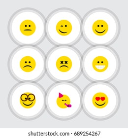 Flat Icon Expression Set Of Joy, Displeased, Sad And Other Vector Objects. Also Includes Frown, Smile, Emoji Elements.