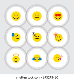 Flat Icon Expression Set Of Joy, Cold Sweat, Have An Good Opinion And Other Vector Objects. Also Includes Light, Tears, Heart Elements.