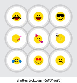 Flat Icon Expression Set Of Love, Cheerful, Happy And Other Vector Objects. Also Includes Party, Eyes, Sad Elements.