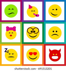 Flat Icon Expression Set Of Love, Sad, Caress And Other Vector Objects. Also Includes Kiss, Eyeglasses, Smile Elements.