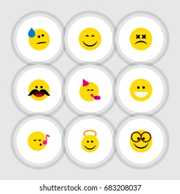 Flat Icon Expression Set Of Party Time Emoticon, Descant, Cheerful And Other Vector Objects. Also Includes Pleasant, Tears, Smile Elements.