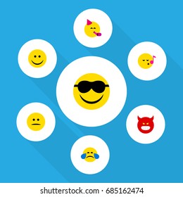 Flat Icon Expression Set Of Party Time Emoticon, Happy, Displeased And Other Vector Objects. Also Includes Song, Fun, Tears Elements.