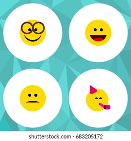 Flat Icon Expression Set Of Pleasant, Party Time Emoticon, Laugh And Other Vector Objects. Also Includes Displeased, Party, Laugh Elements.