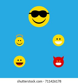 Flat Icon Expression Set Of Pouting, Grin, Laugh And Other Vector Objects. Also Includes Laugh, Sunglasses, Smile Elements.