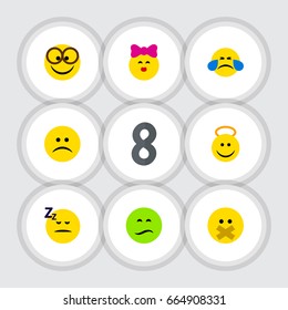Flat Icon Expression Set Of Sad, Angel, Caress And Other Vector Objects. Also Includes Sad, Kiss, Emoji Elements.