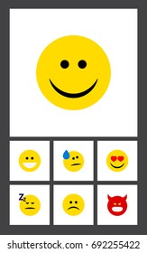 Flat Icon Expression Set Of Sad, Grin, Asleep And Other Vector Objects. Also Includes Heart, Pouting, Angry Elements.