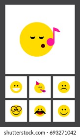 Flat Icon Expression Set Of Sad, Grin, Party Time Emoticon And Other Vector Objects. Also Includes Eyeglasses, Cheerful, Laugh Elements.