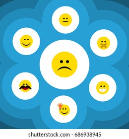 Flat Icon Expression Set Of Smile, Sad, Hush And Other Vector Objects. Also Includes Hush, Displeased, Frown Elements.