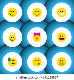 Flat Icon Expression Set Of Tears, Hush, Grin And Other Vector Objects. Also Includes Savoring, Angel, Delicious Elements.