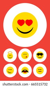 Flat Icon Expression Set Of Winking, Delicious Food, Cheerful And Other Vector Objects. Also Includes Angel, Mood, Heart Elements.