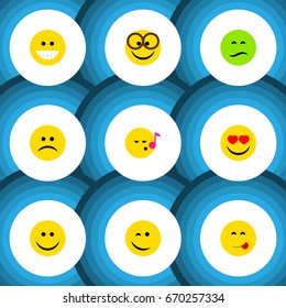 Flat Icon Expression Set Of Winking, Love, Delicious Food And Other Vector Objects. Also Includes Sad, Joy, Grin Elements.