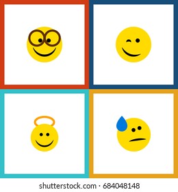 Flat Icon Expression Set Of Winking, Tears, Angel And Other Vector Objects. Also Includes Happy, Smile, Angel Elements.