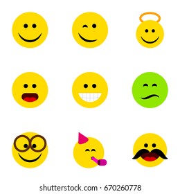 Flat Icon Expression Set Of Wonder, Frown, Grin And Other Vector Objects. Also Includes Laugh, Wonder, Party Elements.