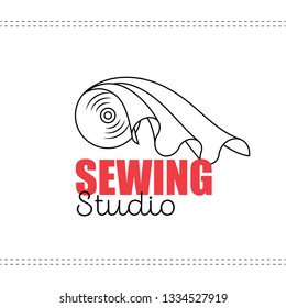 Flat icon of fabric with text isolated on white background. Flat vector illustration of sewing material. Maded for logo, poster and banners of sewing studio, atelier, tailor, seamstress, tissure shop.