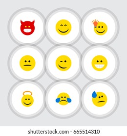 Flat Icon Face Set Of Angel, Smile, Cold Sweat And Other Vector Objects. Also Includes Idea, Emoji, Smile Elements.