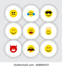 Flat Icon Face Set Of Angel, Cold Sweat, Cheerful And Other Vector Objects. Also Includes Angel, Confused, Smile Elements.