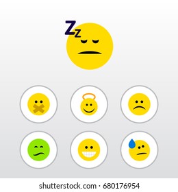 Flat Icon Face Set Of Angel, Frown, Sad And Other Vector Objects. Also Includes Smile, Grin, Cheerful Elements.