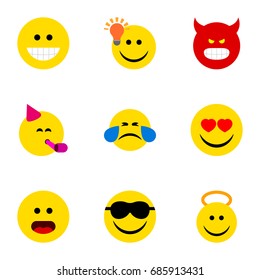 Flat Icon Face Set Of Angel, Love, Grin And Other Vector Objects. Also Includes Confused, Laugh, Fun Elements.