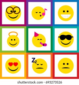 Flat Icon Face Set Of Angel, Grin, Pleasant And Other Vector Objects. Also Includes Cheerful, Fun, Sing Elements.