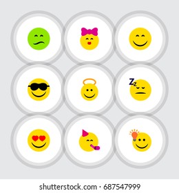 Flat Icon Face Set Of Asleep, Frown, Love And Other Vector Objects. Also Includes Idea, Sunglasses, Asleep Elements.