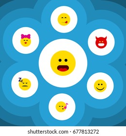 Flat Icon Face Set Of Caress, Pouting, Delicious Food And Other Vector Objects. Also Includes Wonder, Emoji, Kiss Elements.