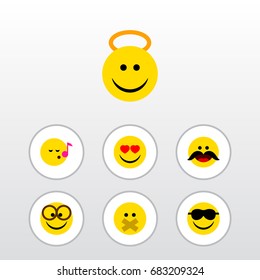 Flat Icon Face Set Of Cheerful, Angel, Pleasant And Other Vector Objects. Also Includes Sunglasses, Emoji, Cheerful Elements.