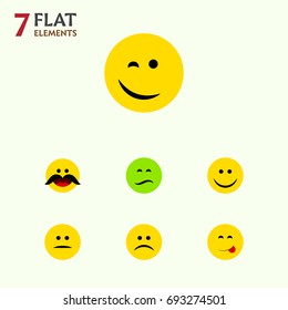 Flat Icon Face Set Of Cheerful, Delicious Food, Displeased And Other Vector Objects. Also Includes Sad, Happy, Whiskers Elements.
