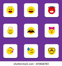 Flat Icon Face Set Of Cheerful, Pouting, Wonder And Other Vector Objects. Also Includes Wonder, Tears, Face Elements.