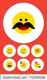 Flat Icon Face Set Of Cheerful, Joy, Laugh And Other Vector Objects. Also Includes Fun, Asleep, Smile Elements.