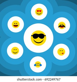 Flat Icon Face Set Of Cold Sweat, Cheerful, Smile And Other Vector Objects. Also Includes Heart, Joy, Cheerful Elements.