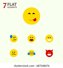 Flat Icon Face Set Of Delicious Food, Tears, Wonder And Other Vector Objects. Also Includes Grin, Confused, Food Elements.