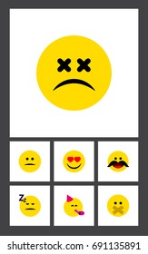 Flat Icon Face Set Of Displeased, Cross-Eyed Face, Cheerful And Other Vector Objects. Also Includes Displeased, Emoji, Smile Elements.