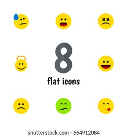 Flat Icon Face Set Of Frown, Cross-Eyed Face, Sad And Other Vector Objects. Also Includes Frown, Confused, Savoring Elements.