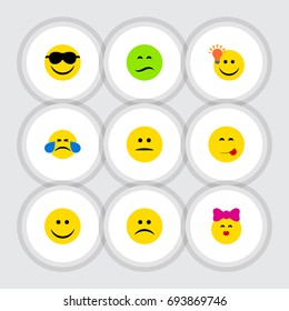 Flat Icon Face Set Of Frown, Joy, Sad And Other Vector Objects. Also Includes Smile, Idea, Kiss Elements.