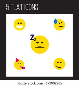 Flat Icon Face Set Of Grin, Winking, Asleep And Other Vector Objects. Also Includes Asleep, Party, Happy Elements.