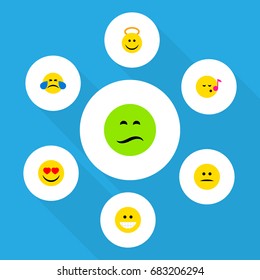 Flat Icon Face Set Of Grin, Displeased, Love And Other Vector Objects. Also Includes Emoji, Heart, Angel Elements.