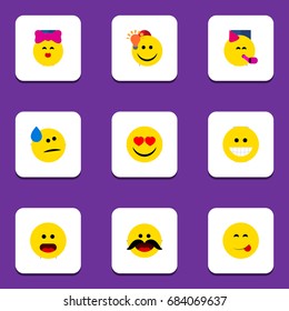 Flat Icon Face Set Of Grin, Delicious Food, Have An Good Opinion And Other Vector Objects. Also Includes Delicious, Fun, Grin Elements.