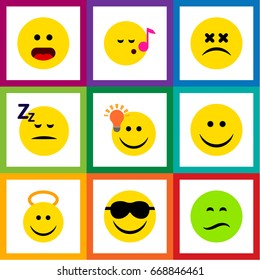 Flat Icon Face Set Of Happy, Wonder, Angel And Other Vector Objects. Also Includes Emoji, Light, Idea Elements.