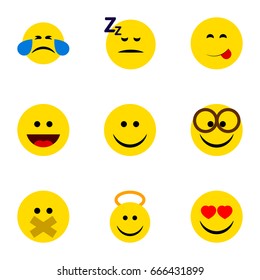 Flat Icon Face Set Of Hush, Delicious Food, Joy And Other Vector Objects. Also Includes Savoring, Heart, Joy Elements.